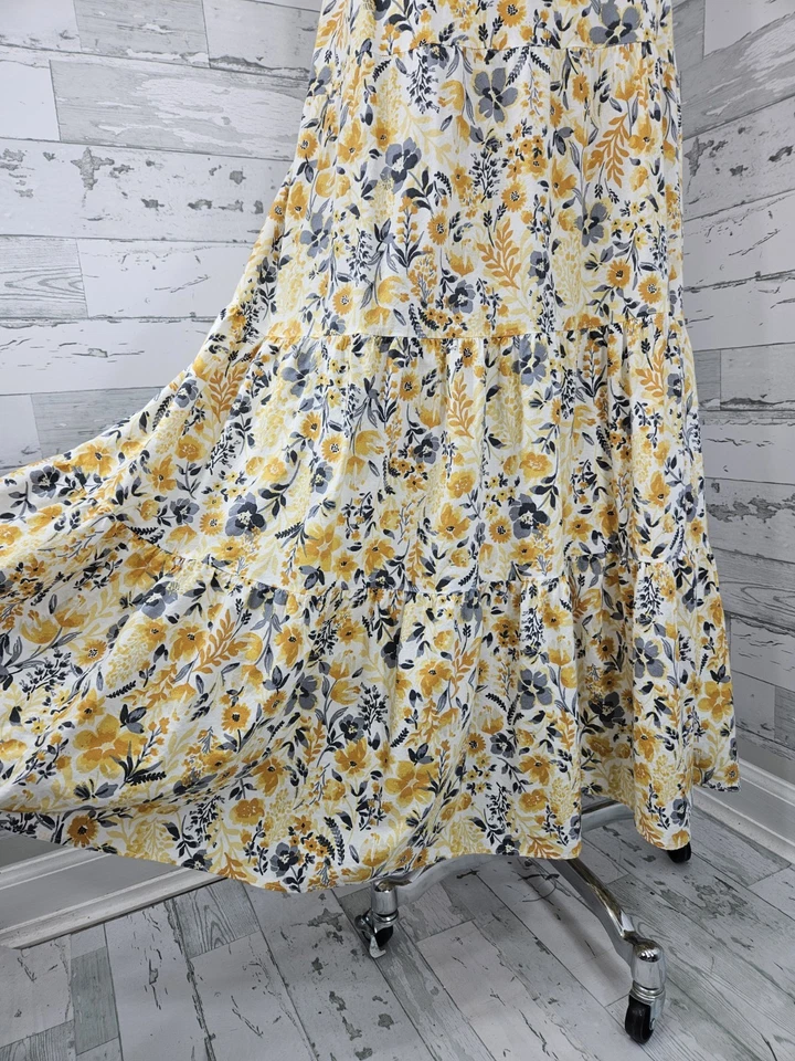 Joie Yellow Gray Floral V Neck Smocked Back Maxi Dress Tiered Skirt Womnes 8 - Image 3 of 4