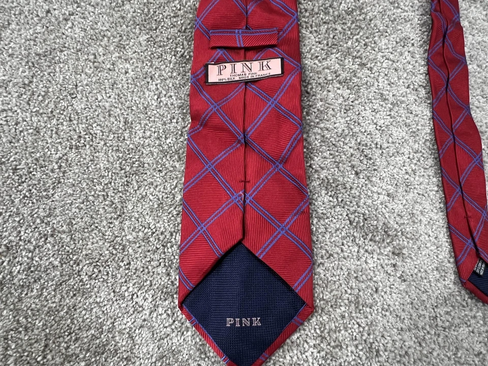 Corbata Thomas Rosa Para Hombre Talla Única Rojo Azul Seda Ventana Cuadros Hecha en Francia Foto 3 de 4