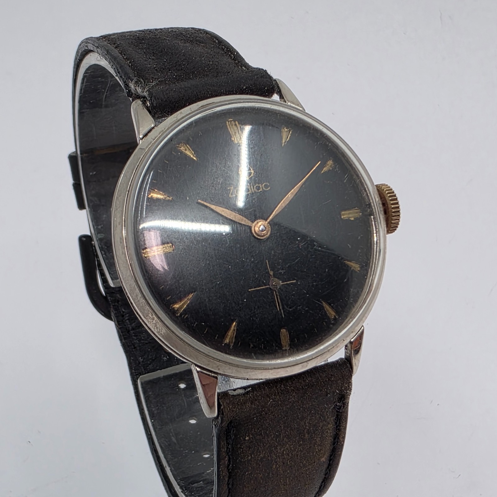 Vintage Zodiac Manual Cal. 350 Gilt Black Dial Swiss Mens Watch 34mm image 3