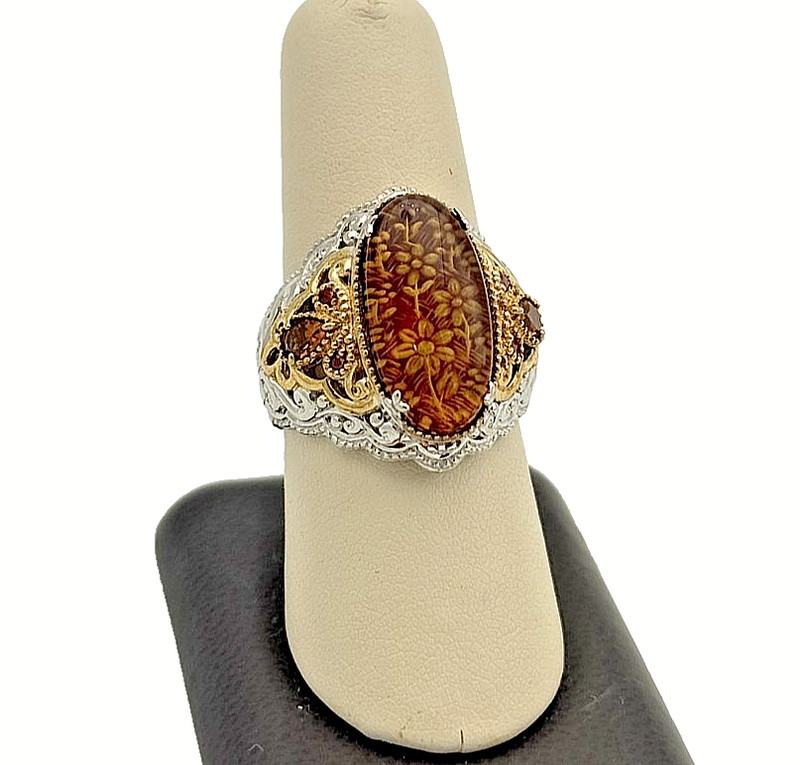 925 Sterling Silver Amber & Garnet Floral Ring - Size 9.25