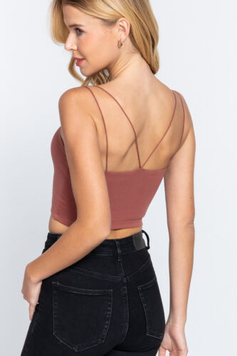 Women Round Neck Two Ply Knit Cami Crop Top Double Elastic Strap - Picture 85 of 86