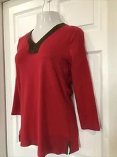 Ralph Lauren Womens Tunic Knit Top Shirt V Neck Sueded Trim Red L
