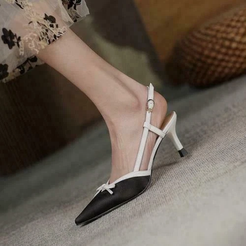 Damenschuhe Pfennigabsatz-Pumps Schleife Sandalen Fersenriemen spitz zulaufend Mode - Bild 8 von 27