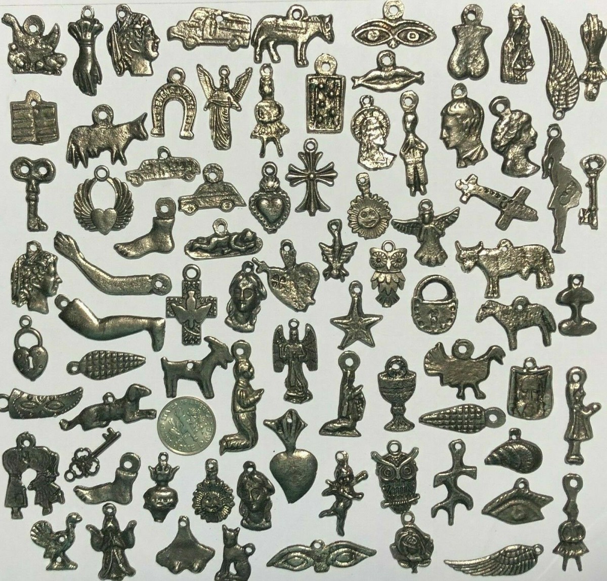 50 Milagro Charms Mexican Folk Art Dark Antique SILVER Black 