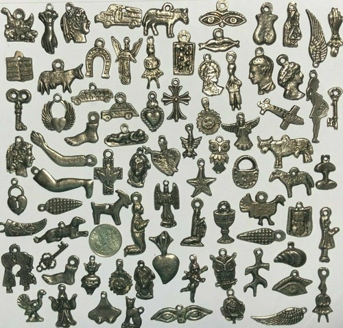 50 Milagro Charms Mexican Folk Art Dark Antique SILVER Black Wholesale Lot - Picture 3 of 3