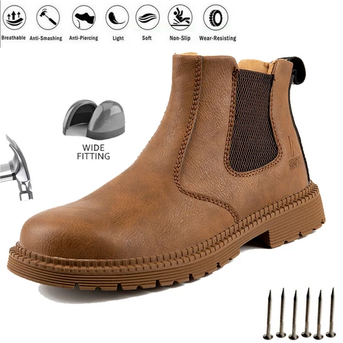 Women Men Leather Brown Safety Boots Work Shoes Steel Toe SlipOn Water Resistant - Bild 3 von 31