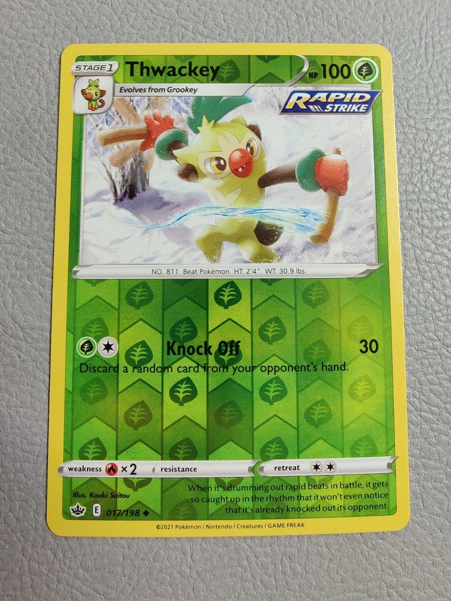 pokemon card thwackey - 12/202 - Sword & Shield Colorless Knock Off (30) Discard a random card from your opponents hand Sell Thwackey (012) - Sword