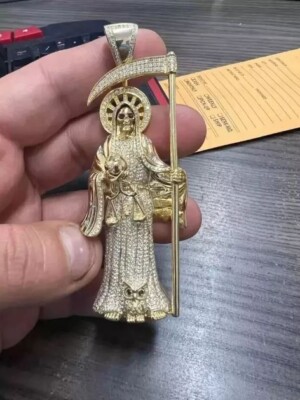 3Ct Round Lab Created Diamond Men's Santa Muerte Pendant 14K Yellow Gold Plated