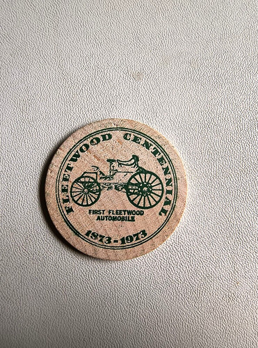 FLEETWOOD Car Automobile Pennsylvania  ~  Centennial 1873-1973 ~ Wooden Nickel