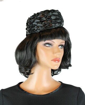 Vintage Pillbox Hat 50s Black Shiny 