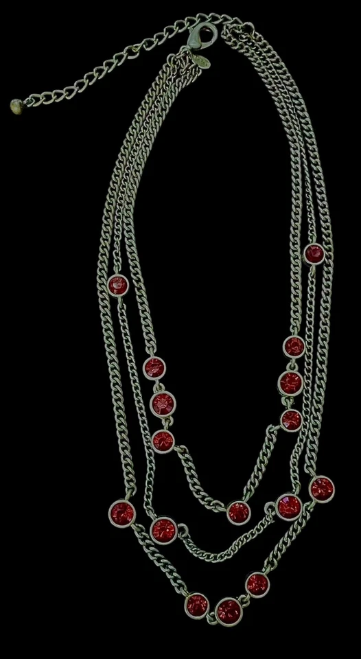 18” Chico’s Red Rhinestone Multistrand Silver Tone Adjustable Necklace