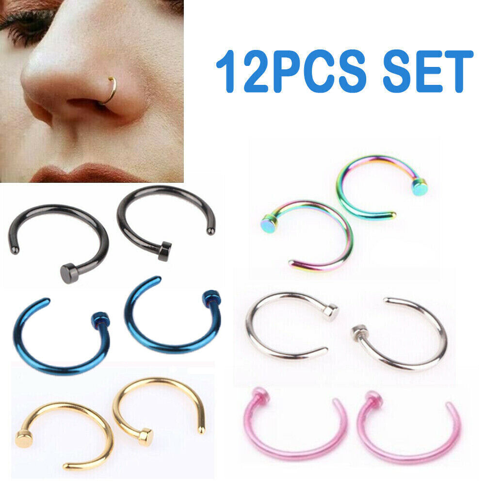 12pcs Nose Ring Open Hoop Lip Piercing clip on Studs Stainless Steel Jewelry Set