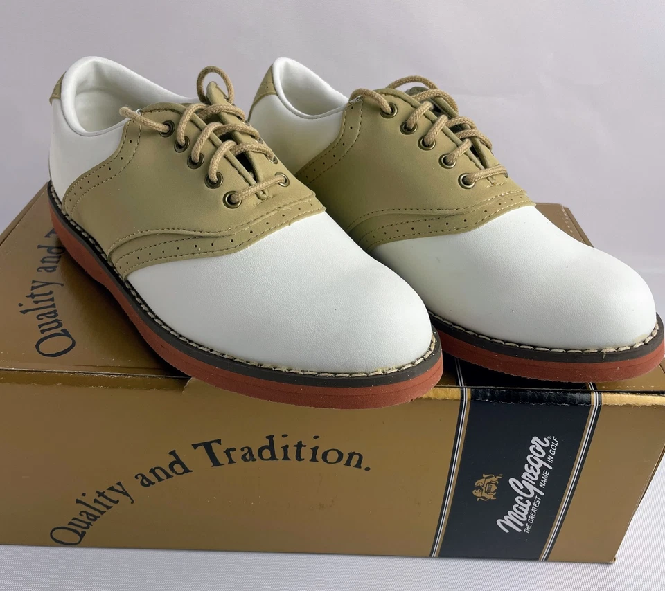 Mac Gregor Mujer Zapatos de Golf Talla 7 Taco Suave Estilo 5000 Sillín Blanco Tostado/Beige Foto 2 de 4