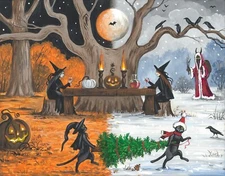 11x14 print OF PAINTING CHRISTMAS HALLOWEEN RYTA KRAMPUS SALEM BLACK CAT WITCH 
