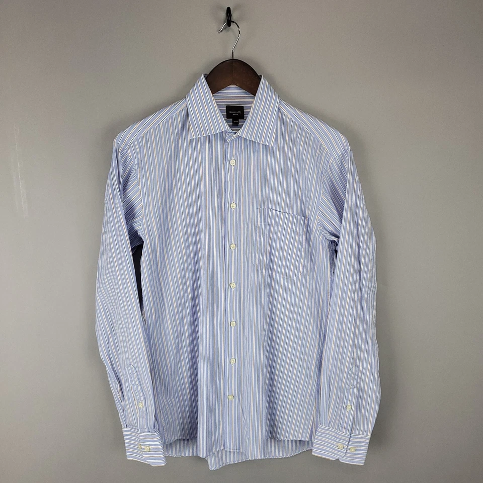 Santorelli Shirt Mens Medium 15.5 Trim Fit Blue Brown Striped Spread Collar - Image 2 of 4