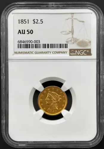 1851 P $2.5 Gold Liberty Head NGC AU 50, Nice Early Date Gold