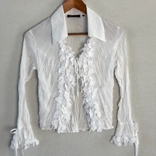 White Ruffle Blouse Crinkle Hearts WMs SZ M Whimsygoth Pirate Fairy Boho