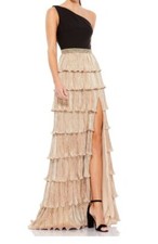 Mac Duggal One Shoulder Layered Metallic Ruffle Gown Black Gold Size 0 #411.15