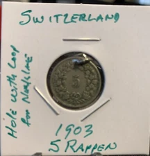 1903 Swiss 5 Rappen coin. Switzerland. See description for details.