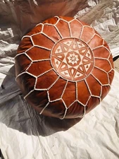 Round Ottoman Unstuffed Moroccan Brown Leather Pouffe Home Decore 24''