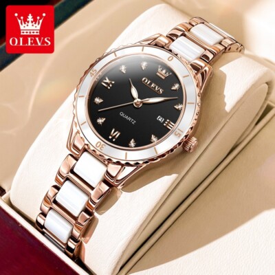 OLEVS Women's Elegant Quartz Watch Ceramics Band Rhinestone Calendar Waterproof