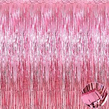 4 Pack Pink Foil Fringe Curtain Backdrop 3.3Ft x 9.8Ft Metallic Tinsel Foil F...