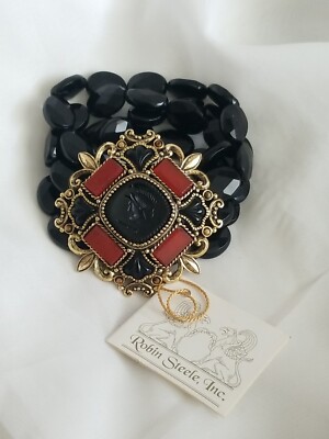 Vtg Robin Steele Inc Black Stretch Bracelet Large Carnelian Jet Glass Medallion 