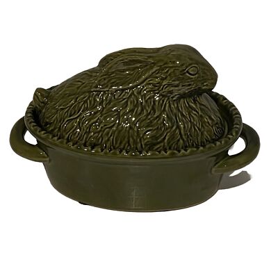 Vtg Ceramic Green Bunny Rabbit Covered Majolica Tureen Casserole w ...