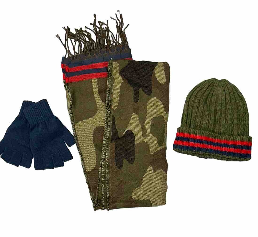Winter Warm Knitted Camo Navy Red Scarf Beanie Hat and Gloves Set