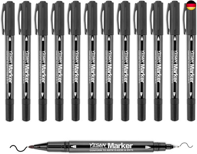 YISAN Permanent Marker Dünn,Permanentstift Schwarz mit feiner Doppelspitze,12 