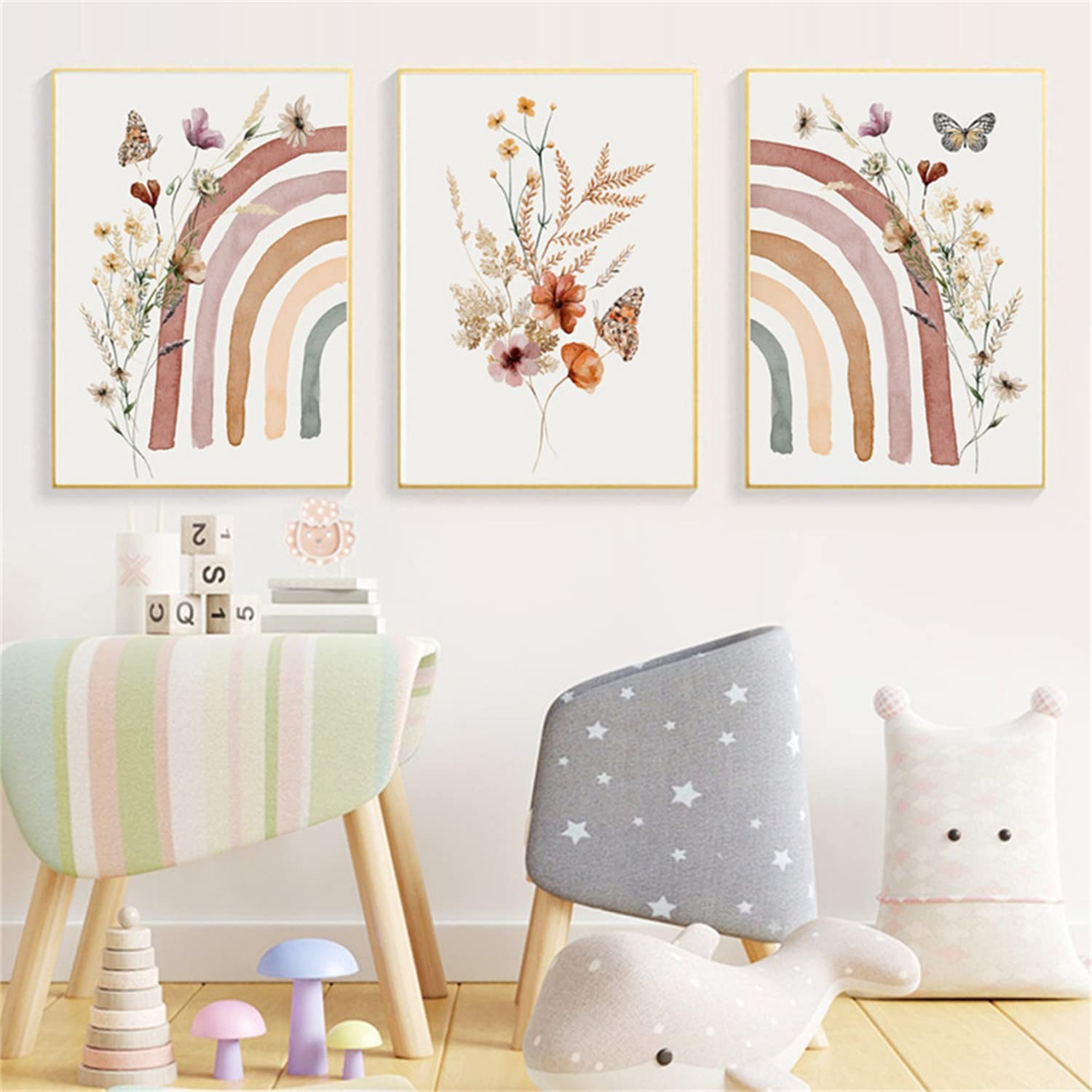 Lot de 3 posters arc-en-ciel avec fleurs et papillons pour décoration murale de chambre d'enfant