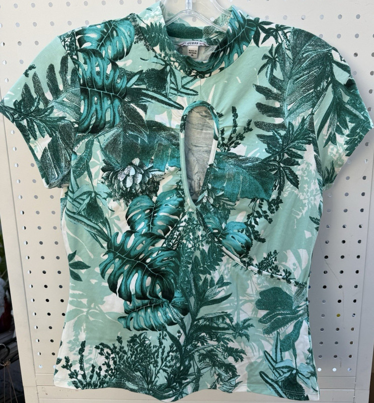 GUESS Women Tropical Floral Mock Neck Keyhole Short Sleeve T-Shirt Green s