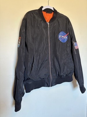 NASA Bomber Jacket Patches Sz 2XL Chemistry Brand Black Orange Lining Gorpcore