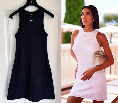 NWT CHANEL 25P BLACK RIBBED KNIT CC LOGO MINI SLEEVELESS DRESS 44