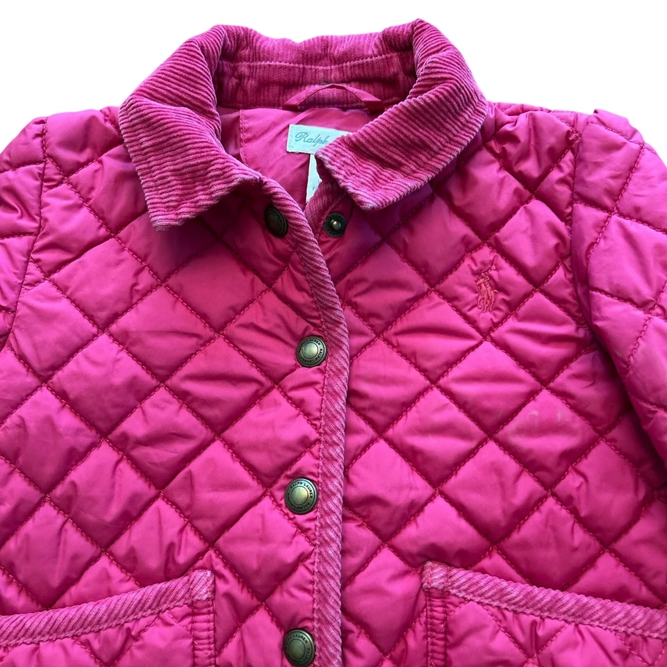 Ralph Lauren 女孩绗缝谷仓夹克 24 米粉色按扣灯芯绒领 (5) — 第 3/4 张图片