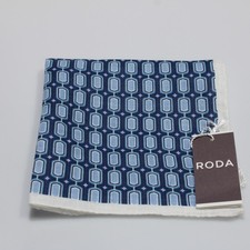 Roda NWT 100 Linen Pocket Square In Dark  Light Blue Geometric Print