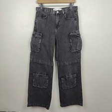 Bershka Baggy Cargo Jeans Womens 4 Charcoal Utility Y2K Wide Leg Loose Gorpcore