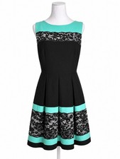 Tahari Arthur S Levine Dress Sz 6 Aqua Black Lace Fit Flare Sleeveless