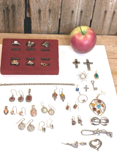 Vintage Sterling 925 & Gemstone Jewelry Lot of 31 Rings Earrings & Pendant Sets