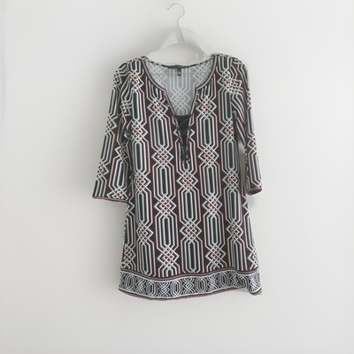 WHBM  Tunic Blouse Funky Psychedelic, Size XS Woman, Red, Peach, White House Blk