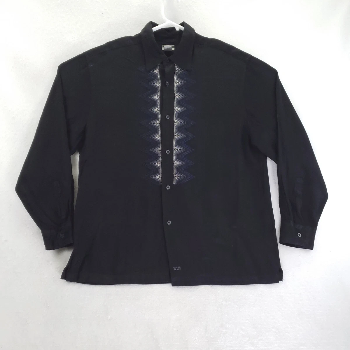 Camisa Guess Jeans Para Hombre Grande Negra Geométrica Bordada Rayón Manga Larga