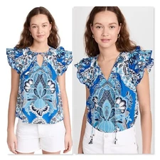 Anthropologie Love The Label Womens Short Sleeve Flutter Blouse XS Blue Floral