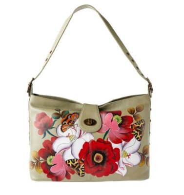 Anuschka Hand-Painted Leather Hobo with Studded Sides-Dreamy Blossoms-NWT-$254