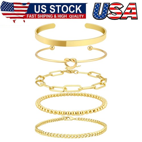 14K Real Gold Plated Bracelets for Women Stack,Bangle Cuff Bracelet Set Jewelry