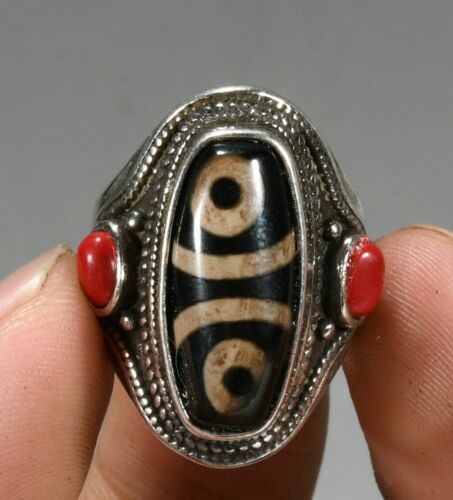 1.2" Rare Old Tibetan Silver Inlay Coral Dzi Bead Finger Ring Hand ornament - Afbeelding 1 van 9