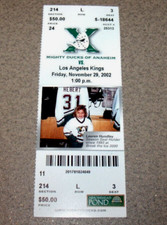 Anaheim Mighty Ducks 11/29/2002 Ticket vs LA Kings Keith Carney 2pt Havelid 1g