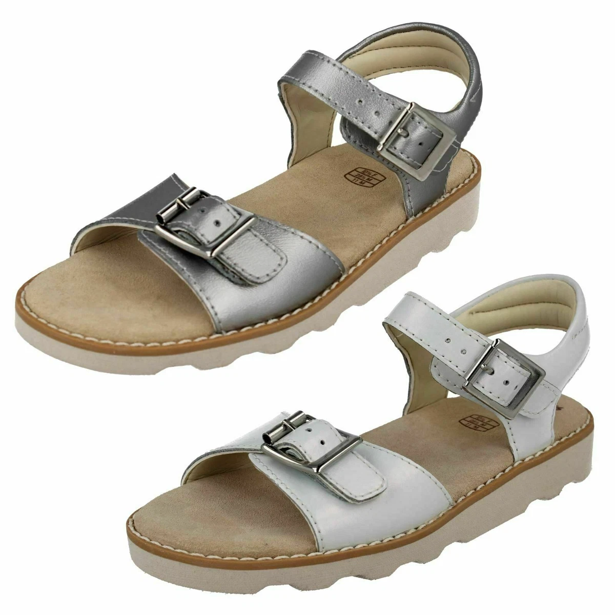 Girls Clarks Crown Bloom K White Or Silver Leather Summer Sandals