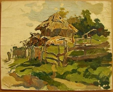 Ukrainian Soviet Oil Painting landscape realism postimpressionism old hut fence