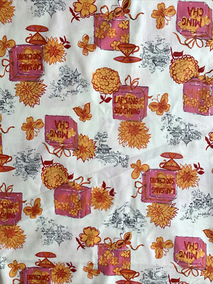 Vintage 1940s 50s COTTON Dress FABRIC Pink Yellow Red ASIAN Food Cartons Flowers