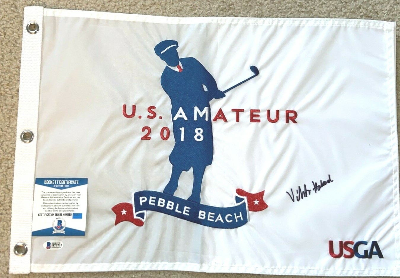 VIKTOR HOVLAND SIGNED 2018 US AMATEUR GOLF FLAG OPEN MASTERS WHITE BAS 